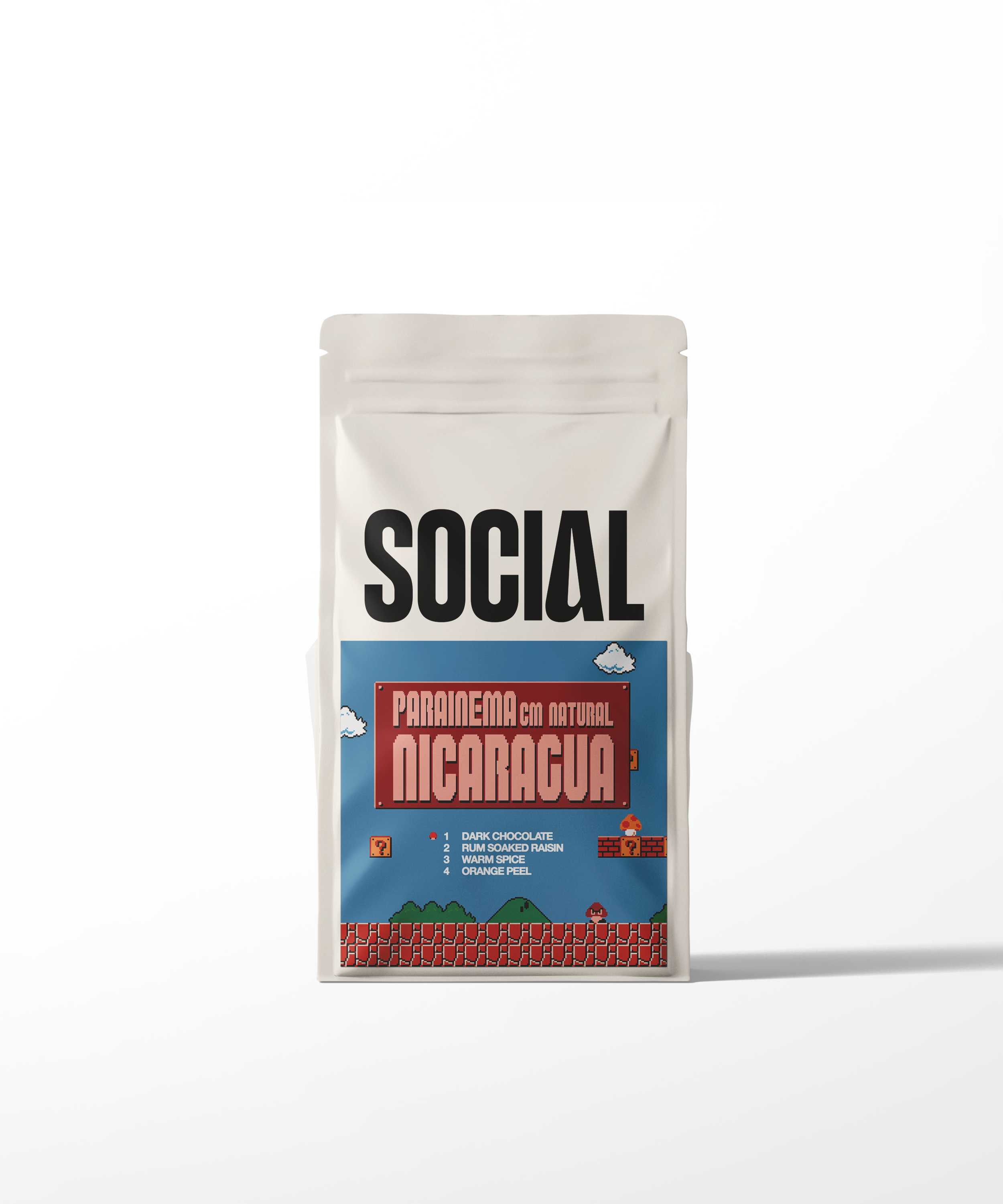 Coffee packaging with 'SOCIAL' branding on a white background